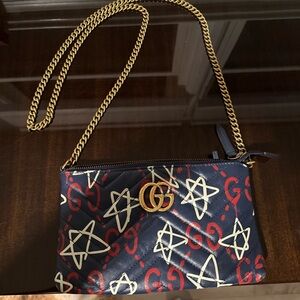 Gucci Blue and Red Crossbody Bag with Gold Chain